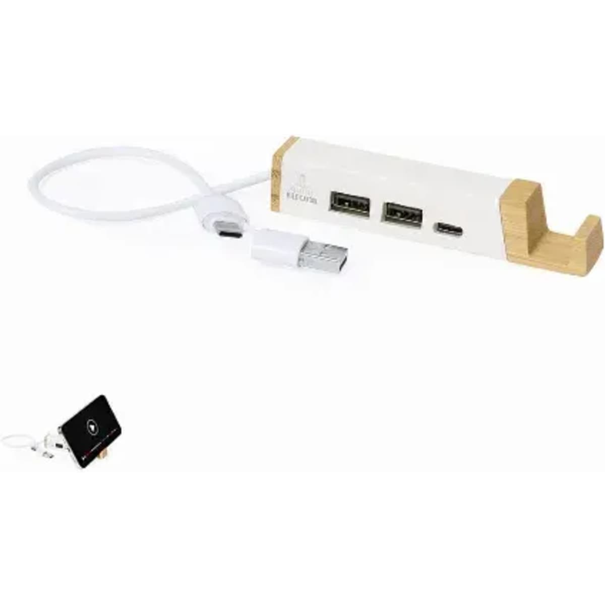 A USB hub with two USB ports and a USB-C port, featuring a wooden accent and a connected cable.