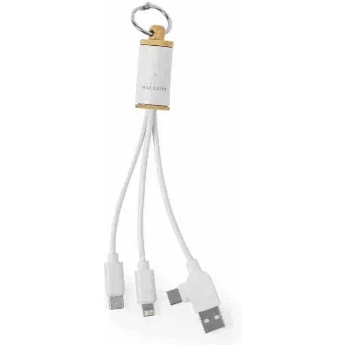 A multi-connector charging cable in white with a wooden accent and a metal keyring.