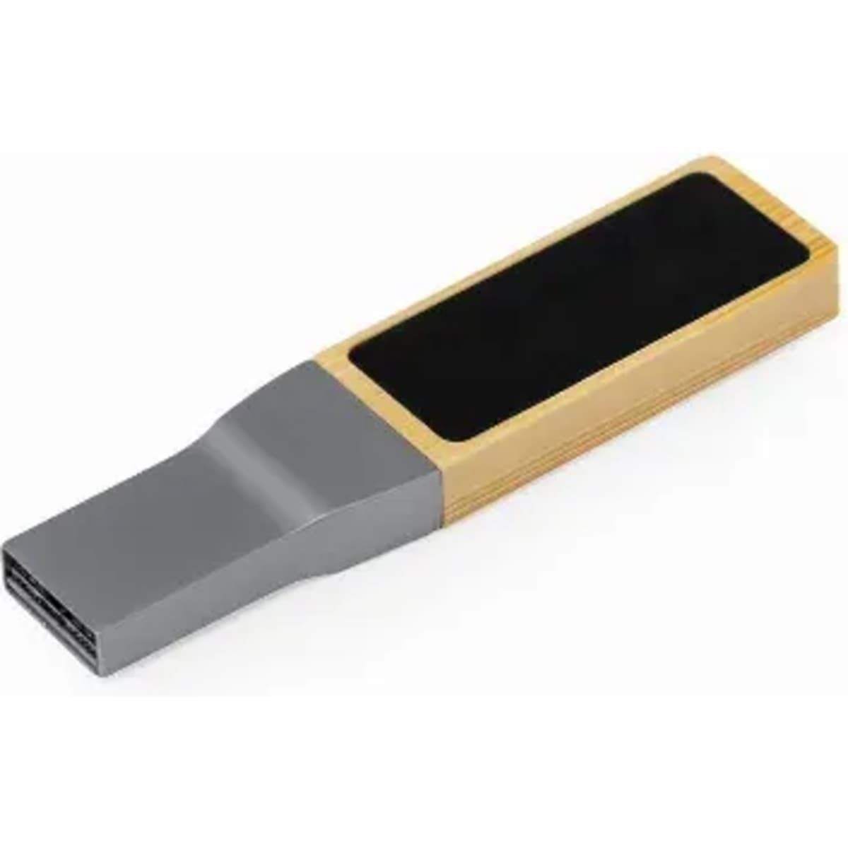 A USB drive with a wooden design and a sleek grey finish, featuring a branding logo.