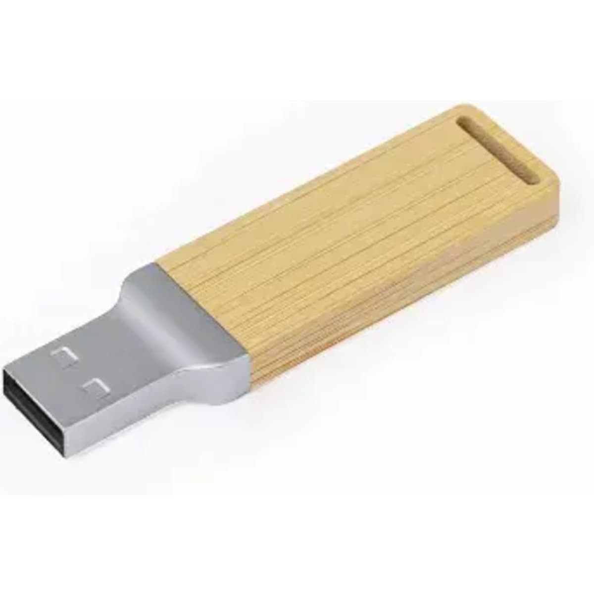 A wooden USB drive with a silver connector, featuring a sleek, minimalist design.