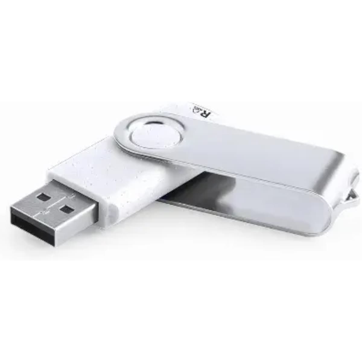 A white USB drive with a silver swivel cover, featuring a logo on one side. It has a capacity of 16GB.