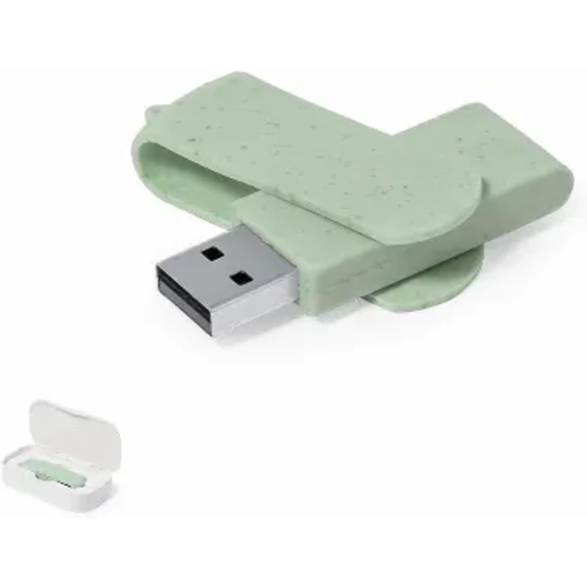 A mint green USB flash drive in a unique shape, with a small white case beside it.