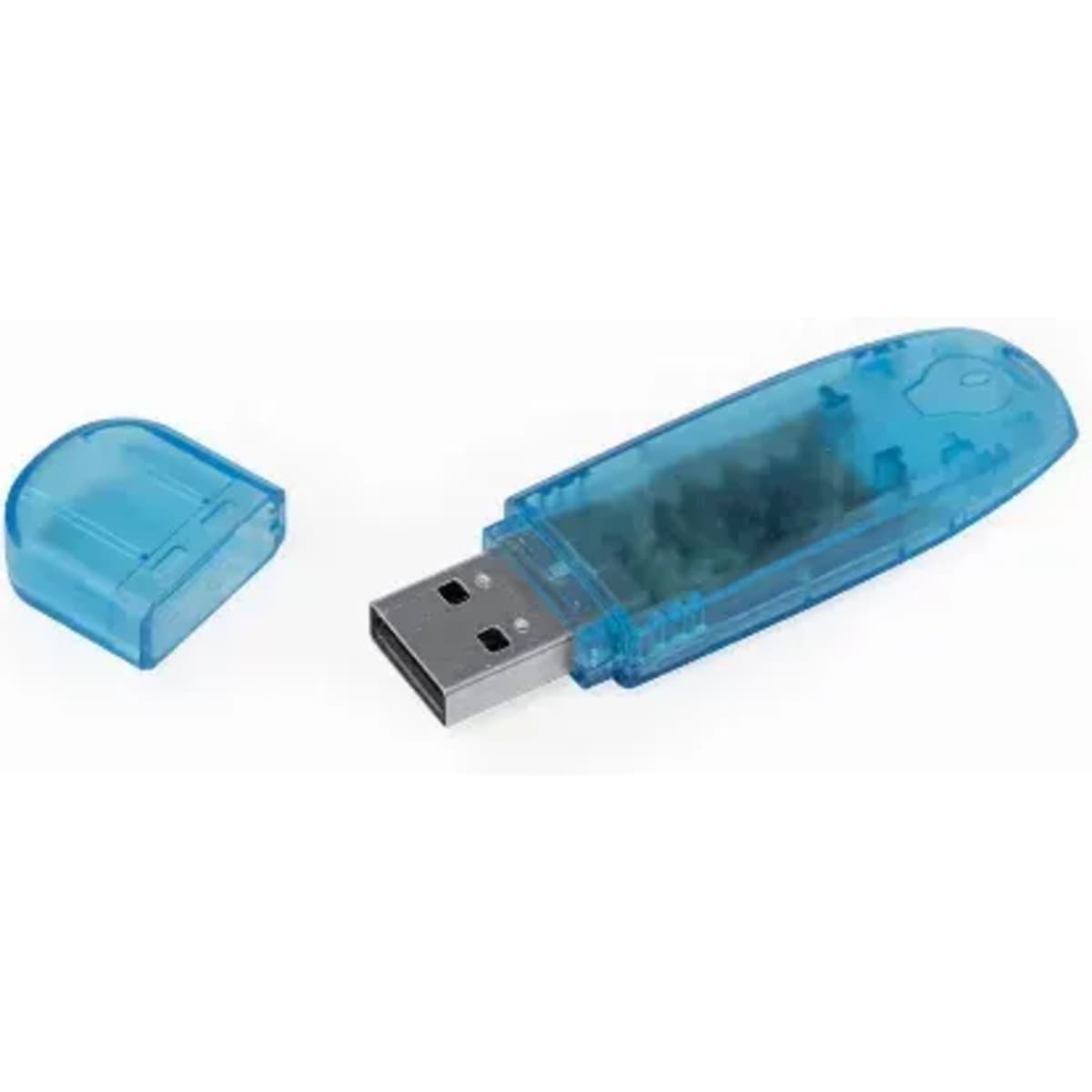 A blue USB flash drive with a transparent casing, featuring a removable cap.