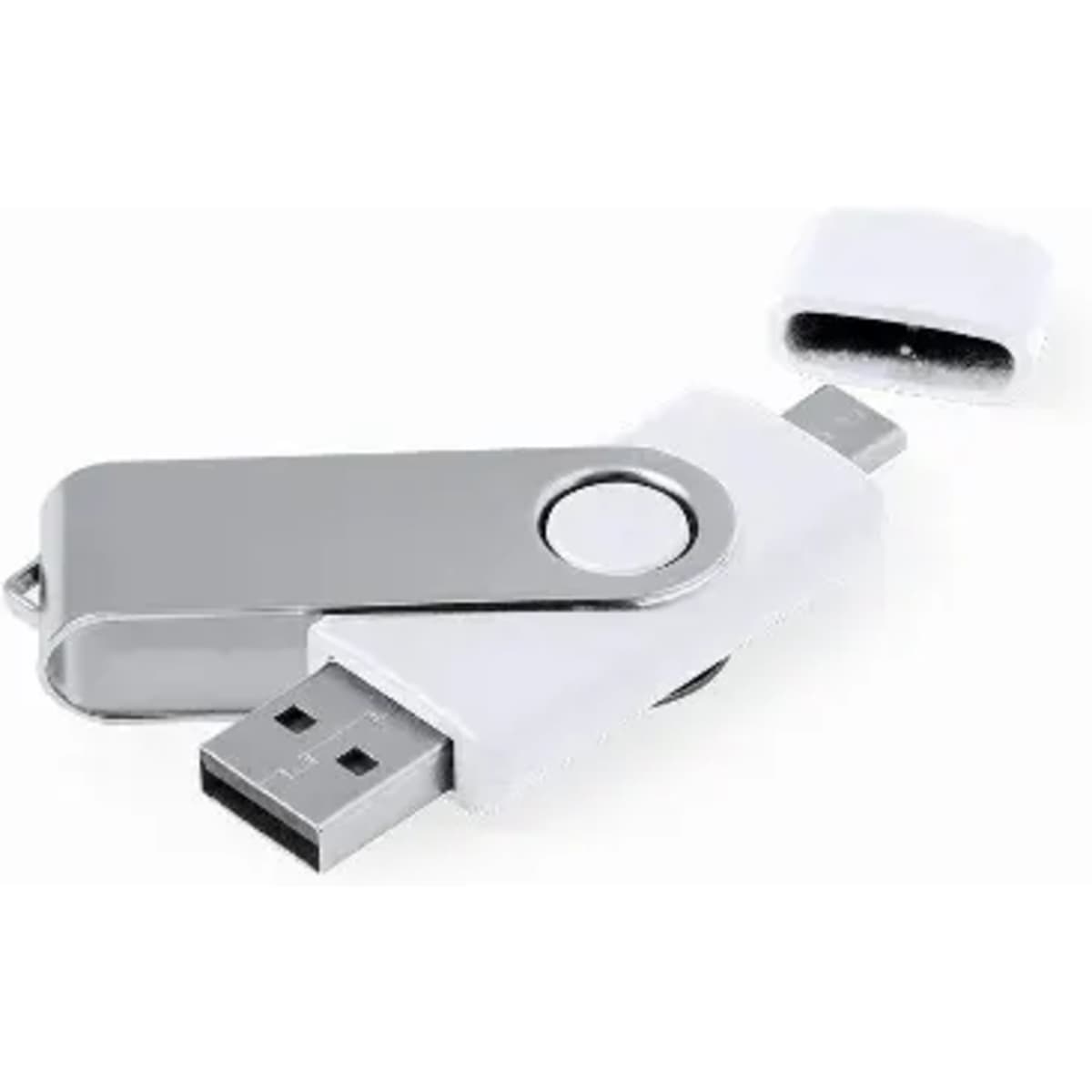 A white and silver USB flash drive with a swivel design and cap removed, featuring one end for USB connection.