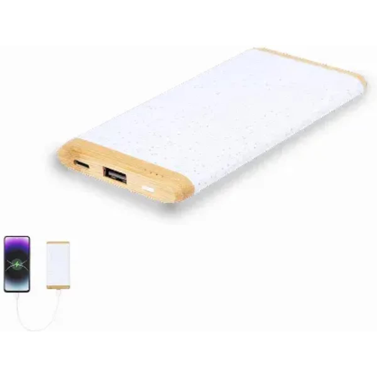 A portable charger with a white body and bamboo accents, featuring USB ports and a sleek design.