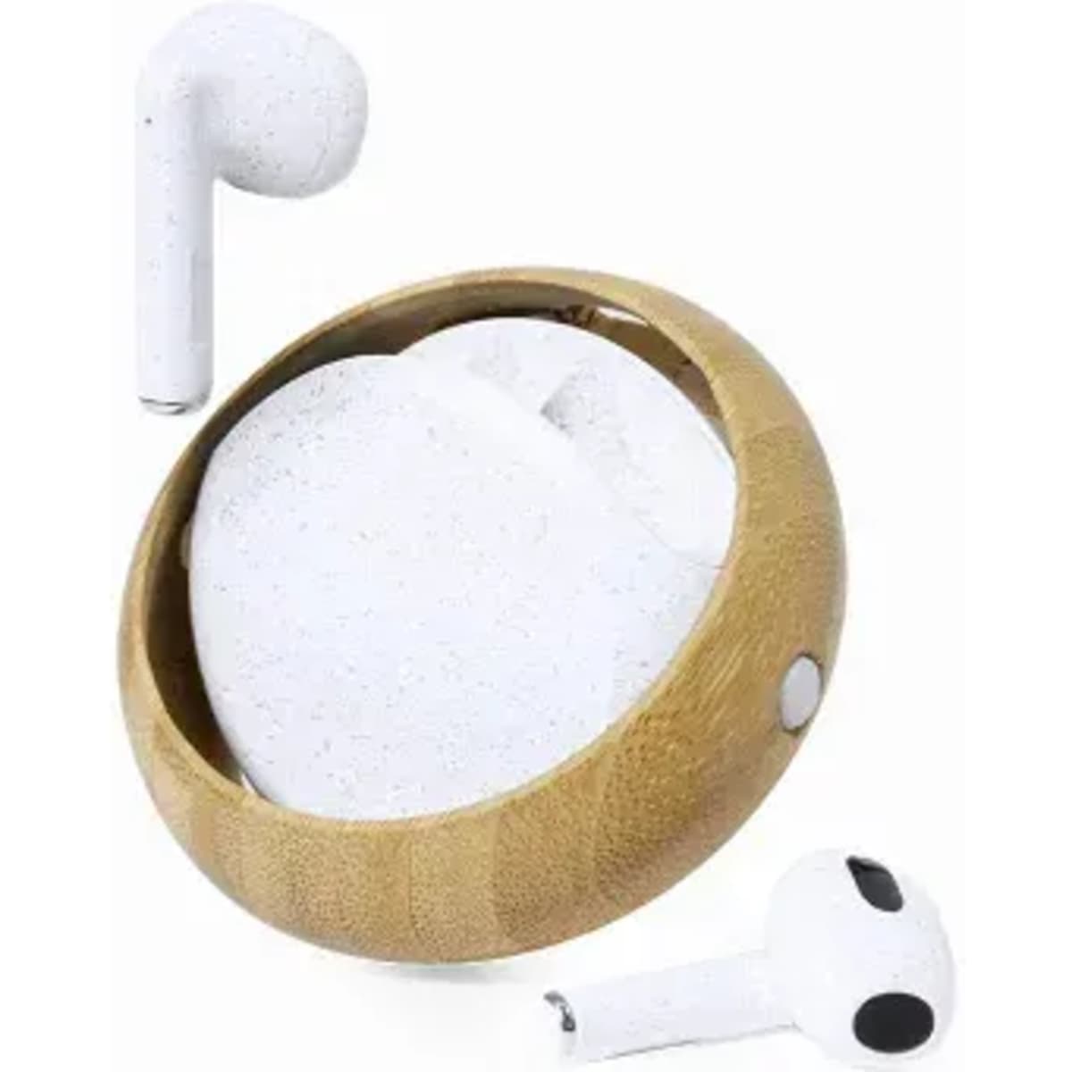 A round wooden holder containing white earbuds, with one earbud partially outside the holder.