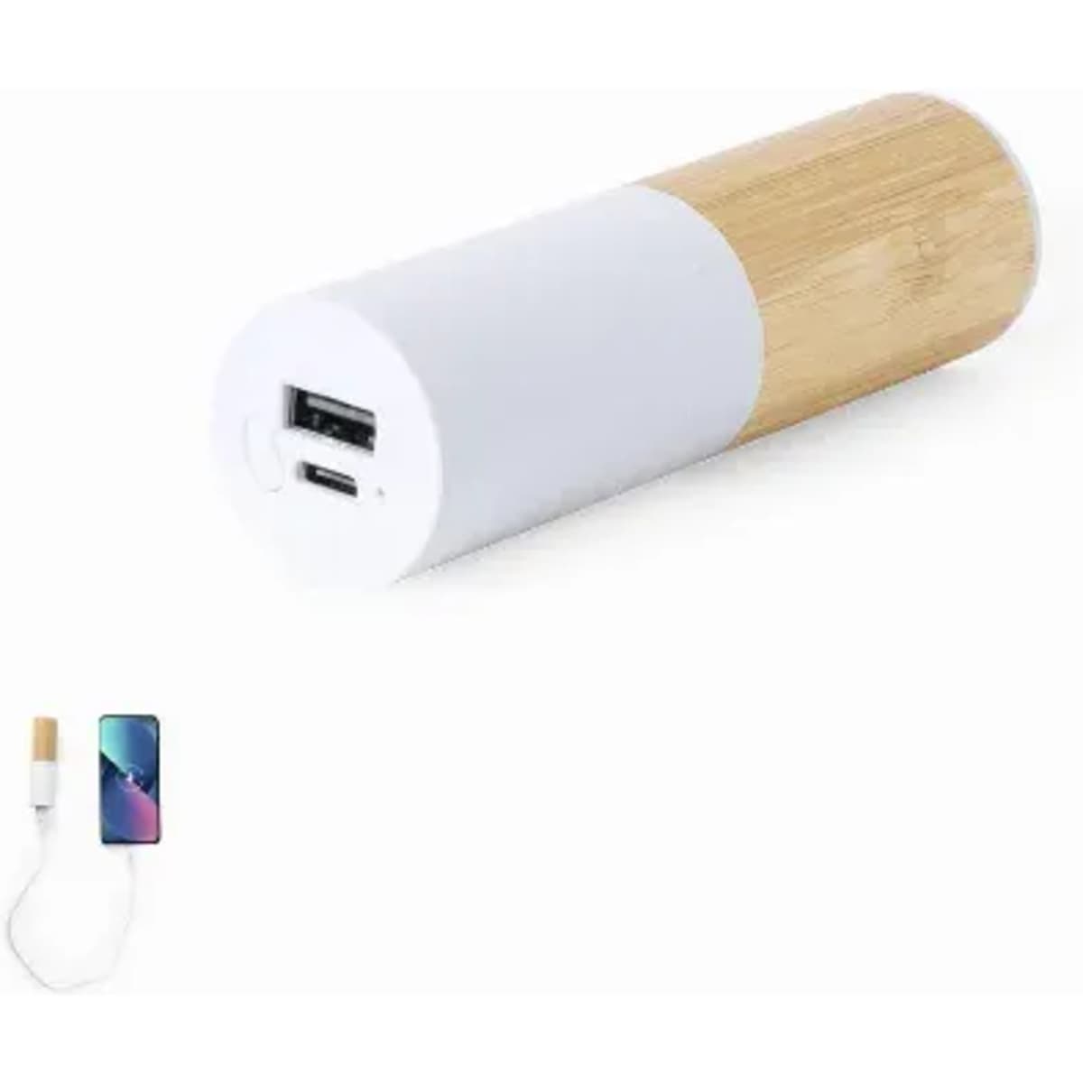 A power bank featuring a bamboo design and a white body, with two USB ports for charging devices.