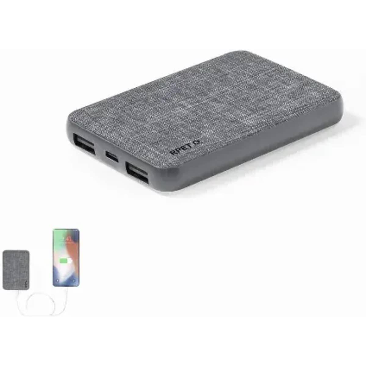 A portable charger with a textured grey fabric exterior and multiple USB ports for charging devices.