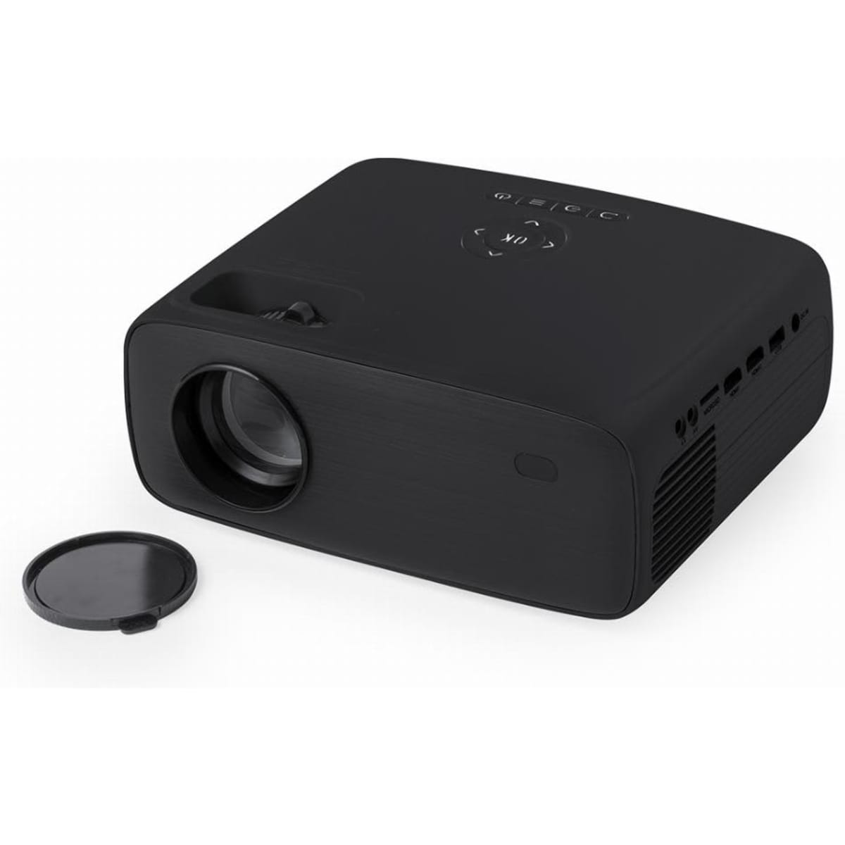 A black projector with a lens and a removable cover. The unit has ventilation openings and control buttons on top.