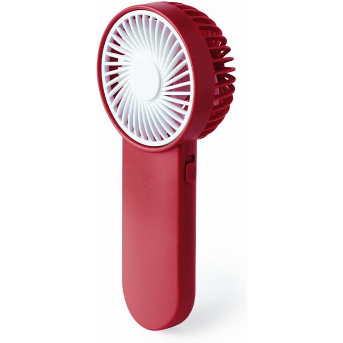A portable fan in red with a circular grill and a sleek handle, featuring an on/off switch.