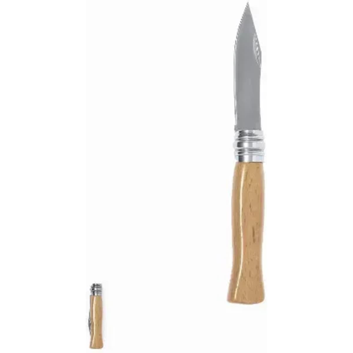 A folding knife with a stainless steel blade and a light wooden handle, featuring a logo on the handle.