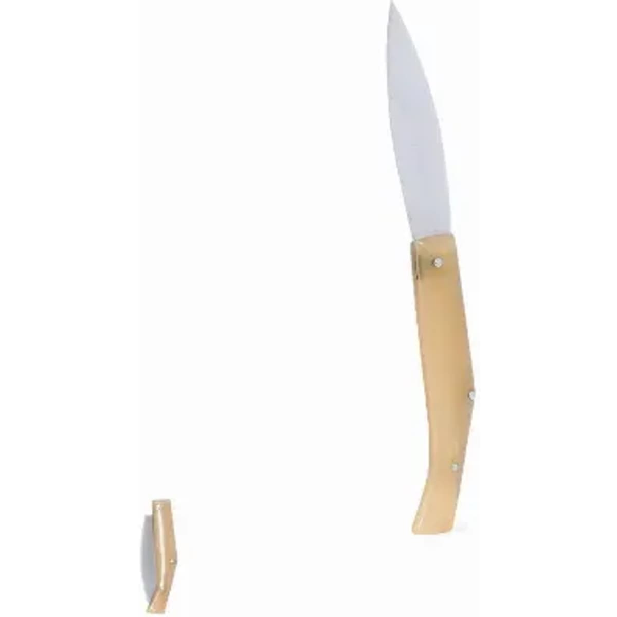 A knife with a sleek silver blade and a gold-coloured handle, featuring a folding design.