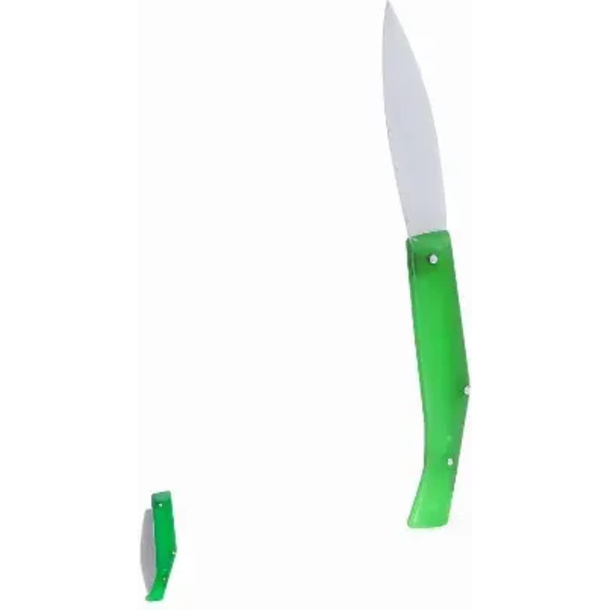 A green folding knife with a white blade and a smaller matching knife beside it. Both have a glossy finish.
