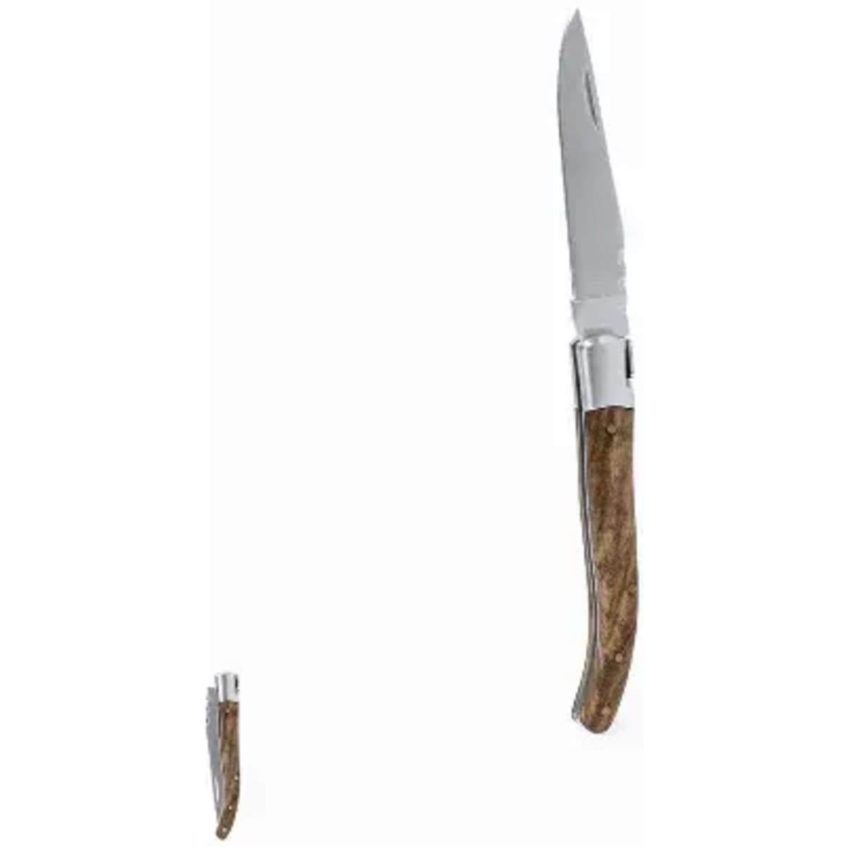 A folding knife with a sleek metal blade and a brown wooden handle, featuring both the open and closed positions.