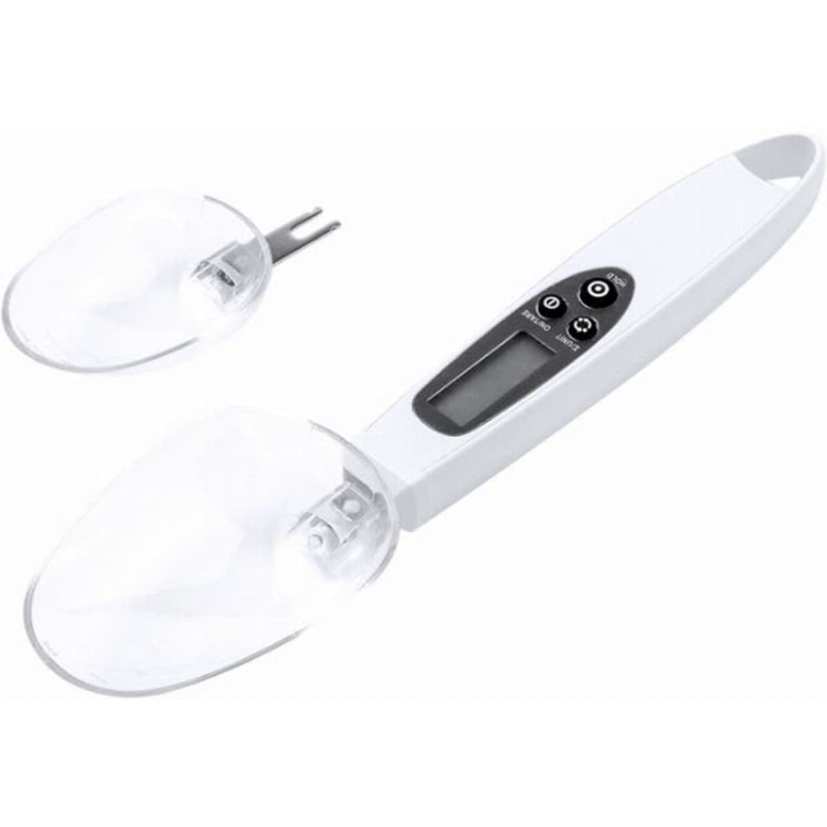 A digital measuring spoon in white with a transparent scoop and a small detachable bowl. It features a display and buttons.
