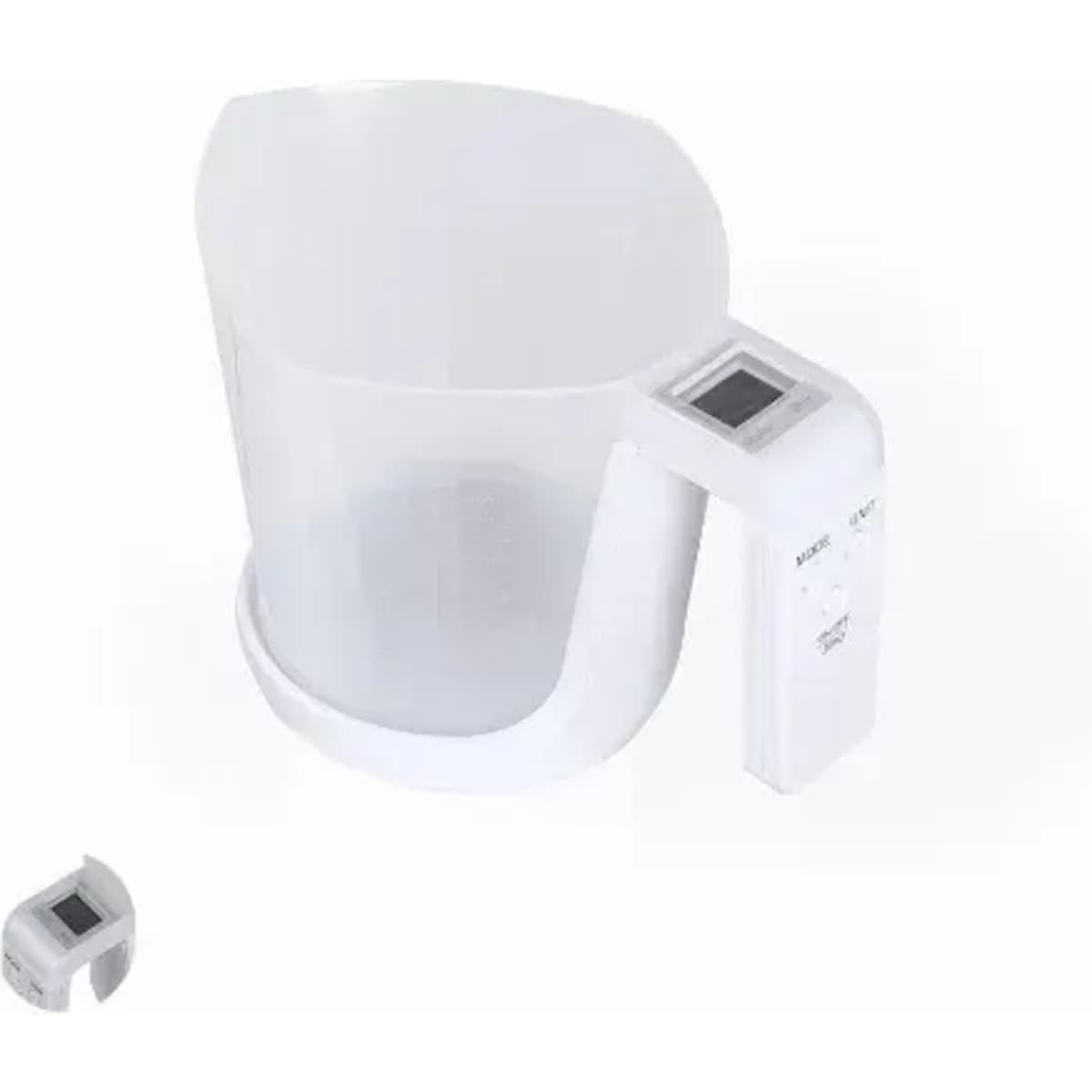 A measuring jug in white plastic with a digital display on the handle and a curved spout.