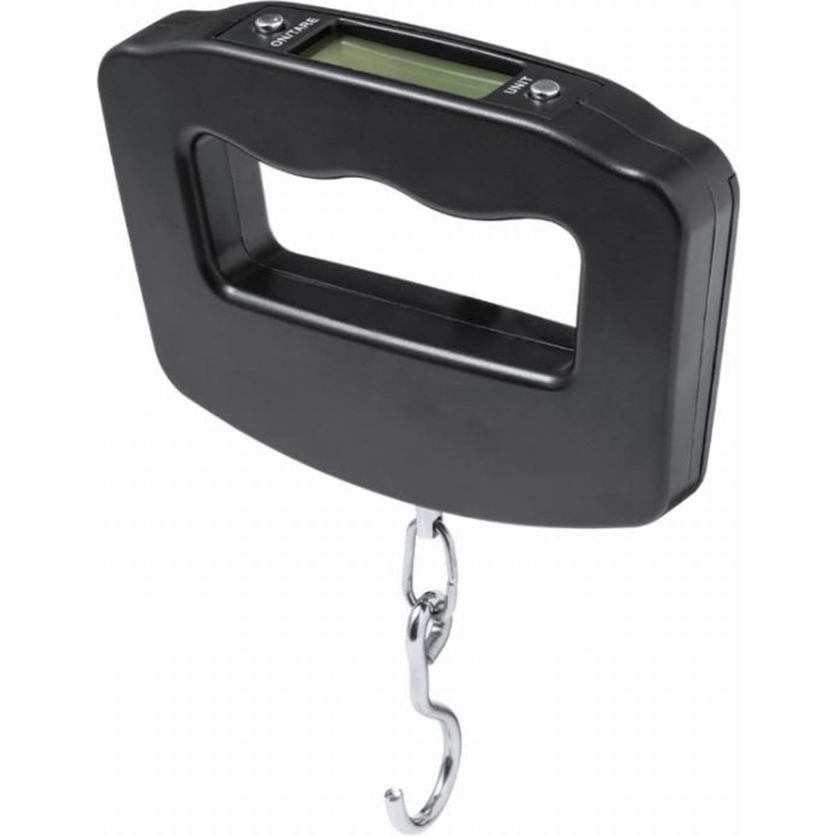 A digital weighing scale in black with a metal hook and a display screen on top.