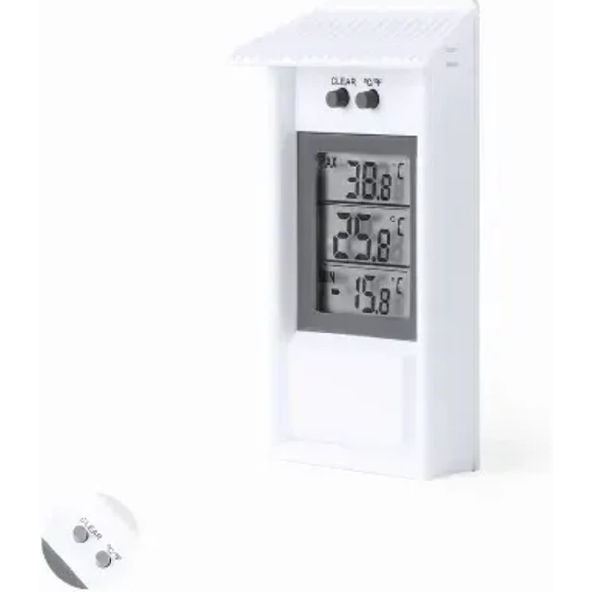 A digital thermometer with a white casing displaying various temperature readings. It features two buttons and a covered screen.