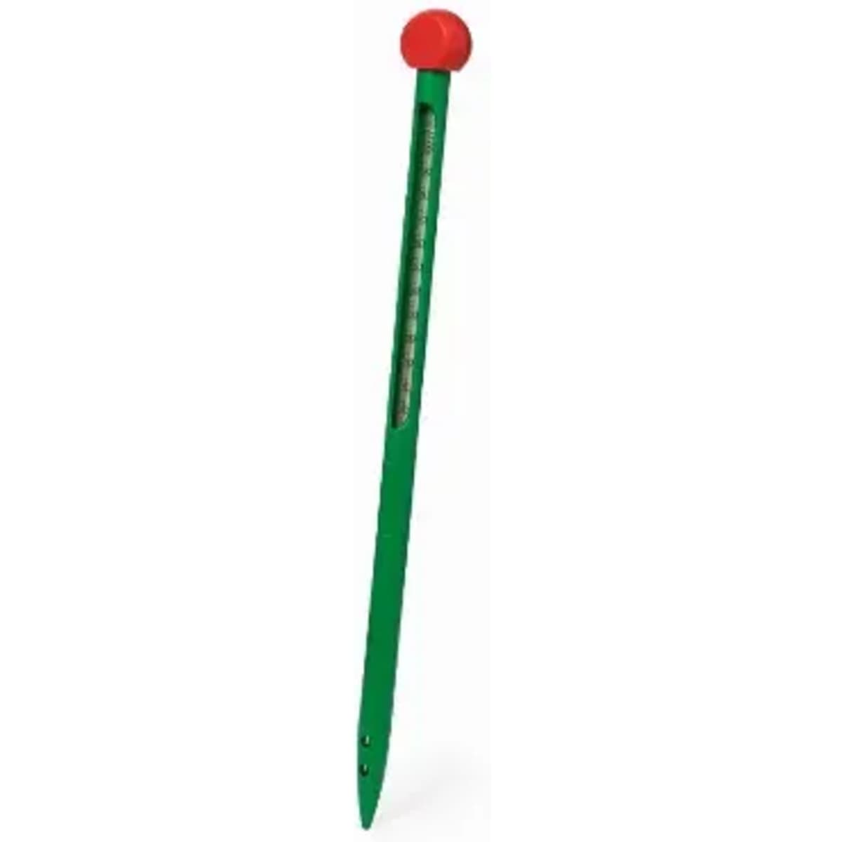A green measuring stick with a red top, designed for garden use. It features a measurement scale along the length.