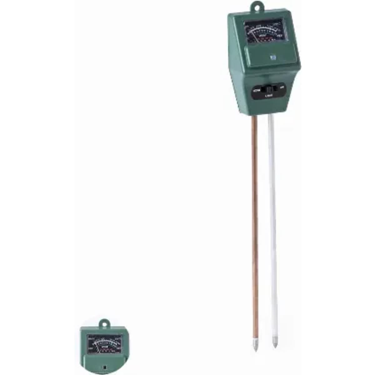 A soil moisture meter with a green body, two metal probes, and a dial gauge for measuring moisture levels.