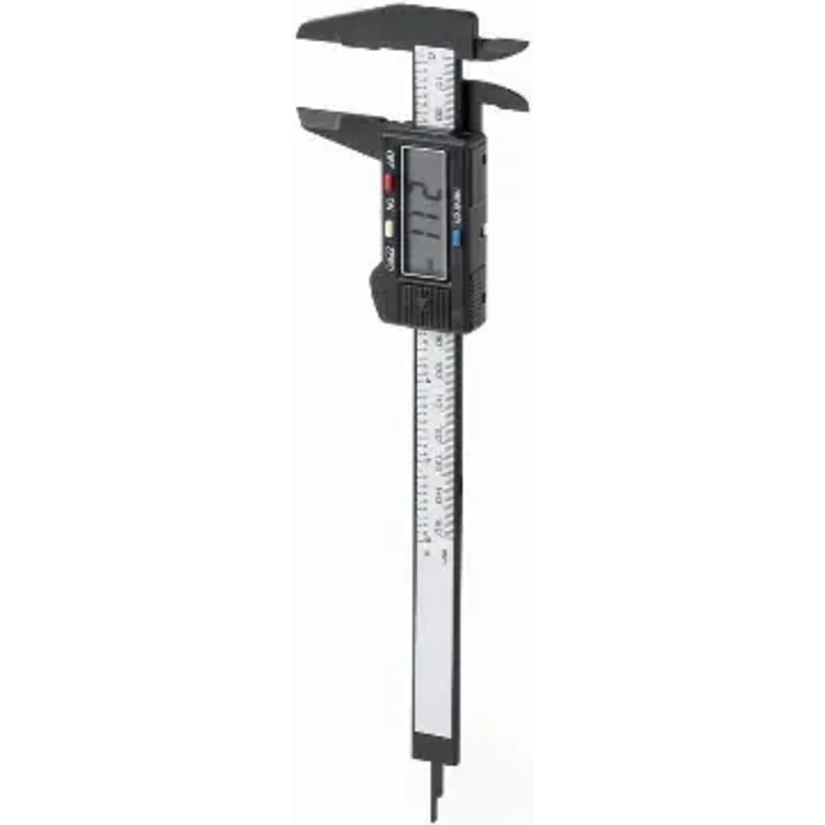 A digital calliper with a black body, featuring a measurement scale and a display screen.