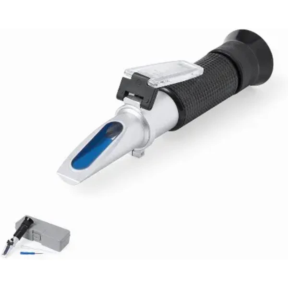 A refractometer with a black rubber grip and a transparent prism at the tip, presented on a white background.