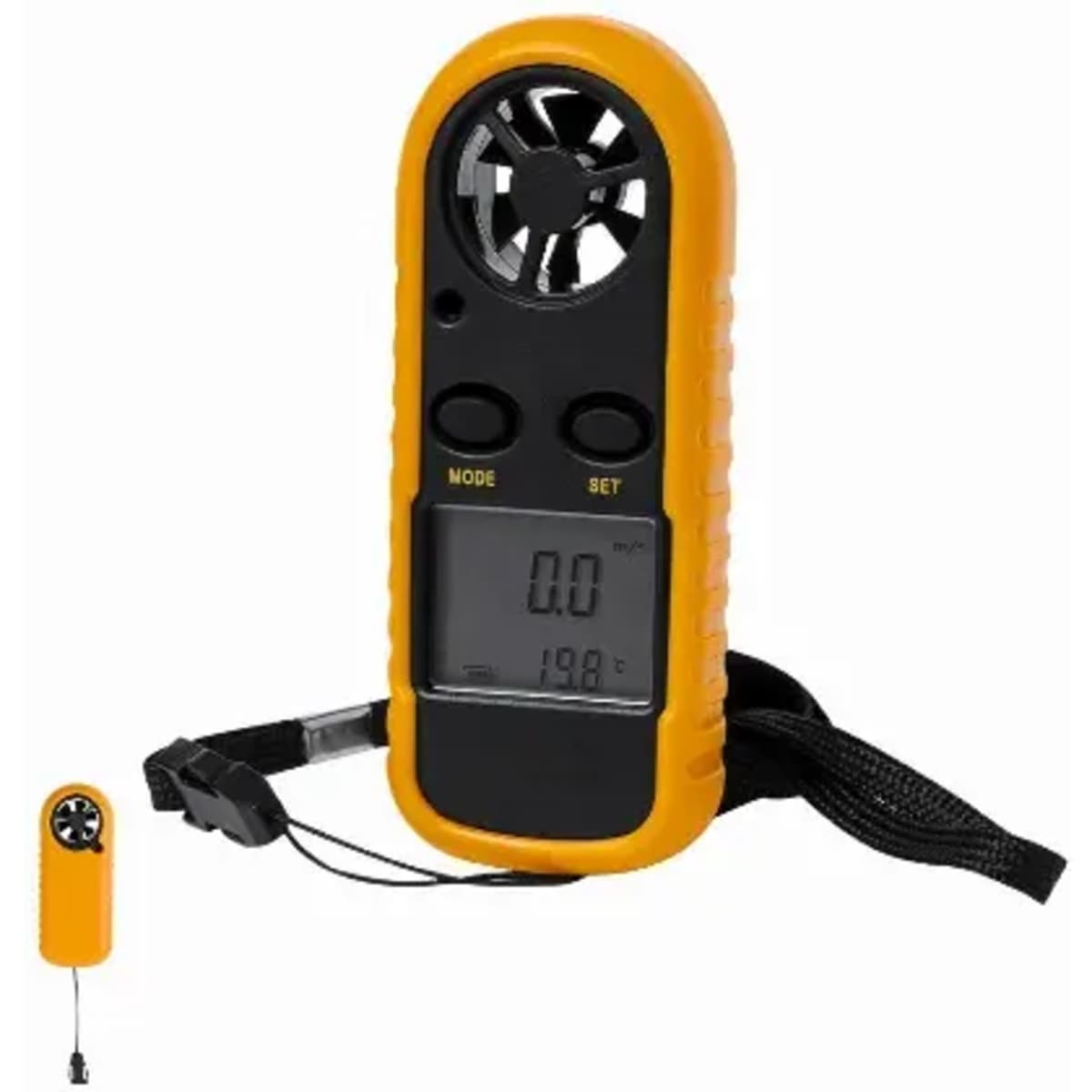 A handheld anemometer in yellow and black, featuring a digital display and a wrist strap for convenience.