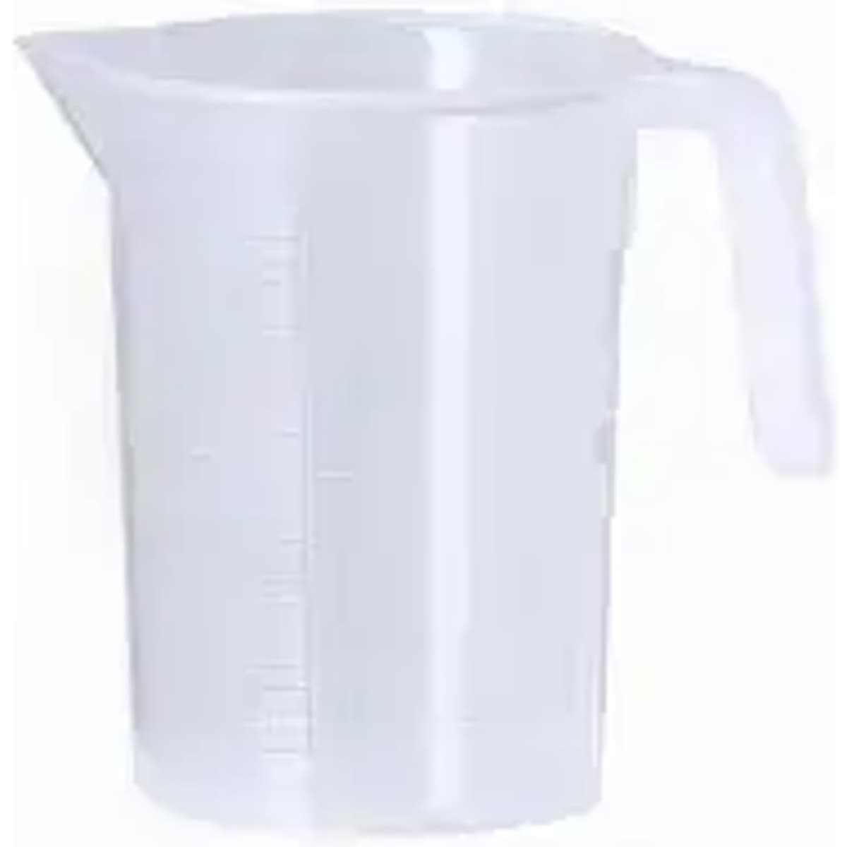 A measuring jug in clear plastic with a spout and a handle, displaying measurement markings on the side.