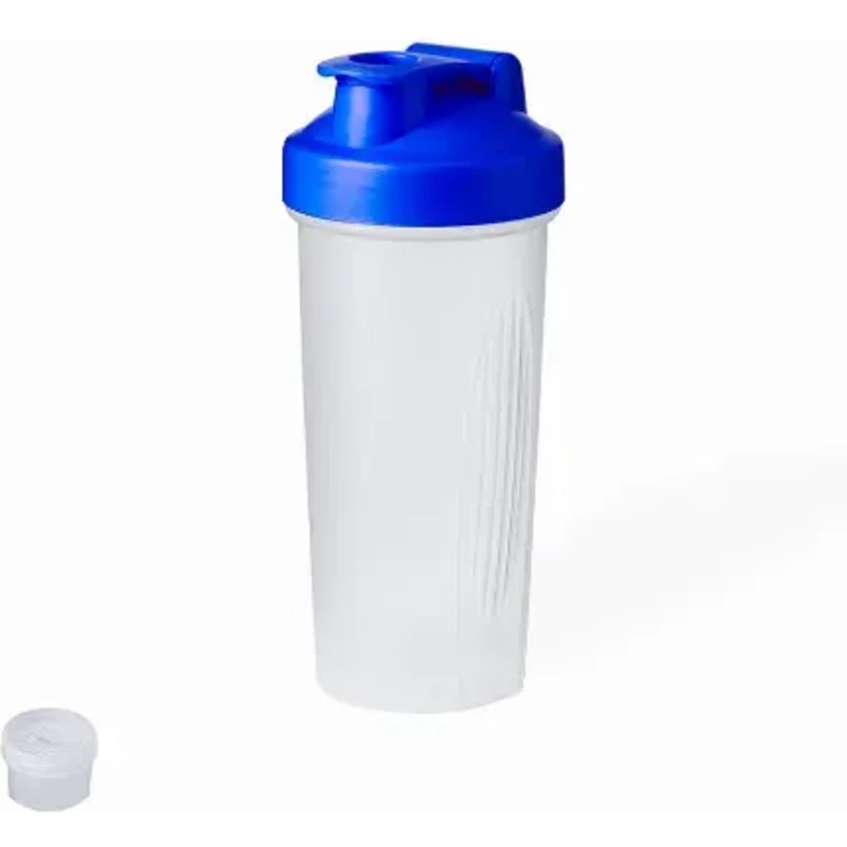 A drink bottle with a white body and a blue lid, featuring a removable cap. It has a textured design on its surface.
