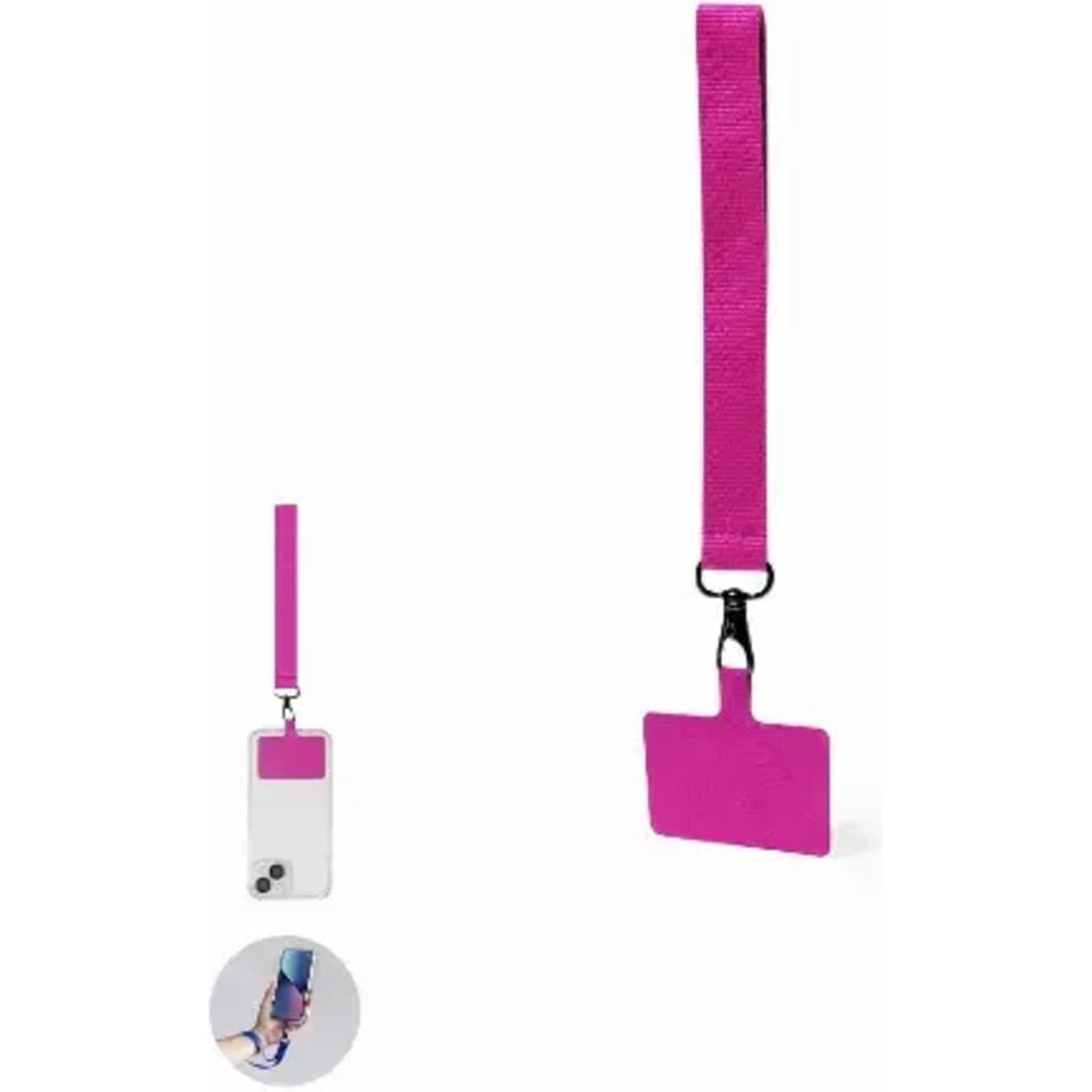 A pink lanyard with a clip and a clear holder for ID cards or similar items.