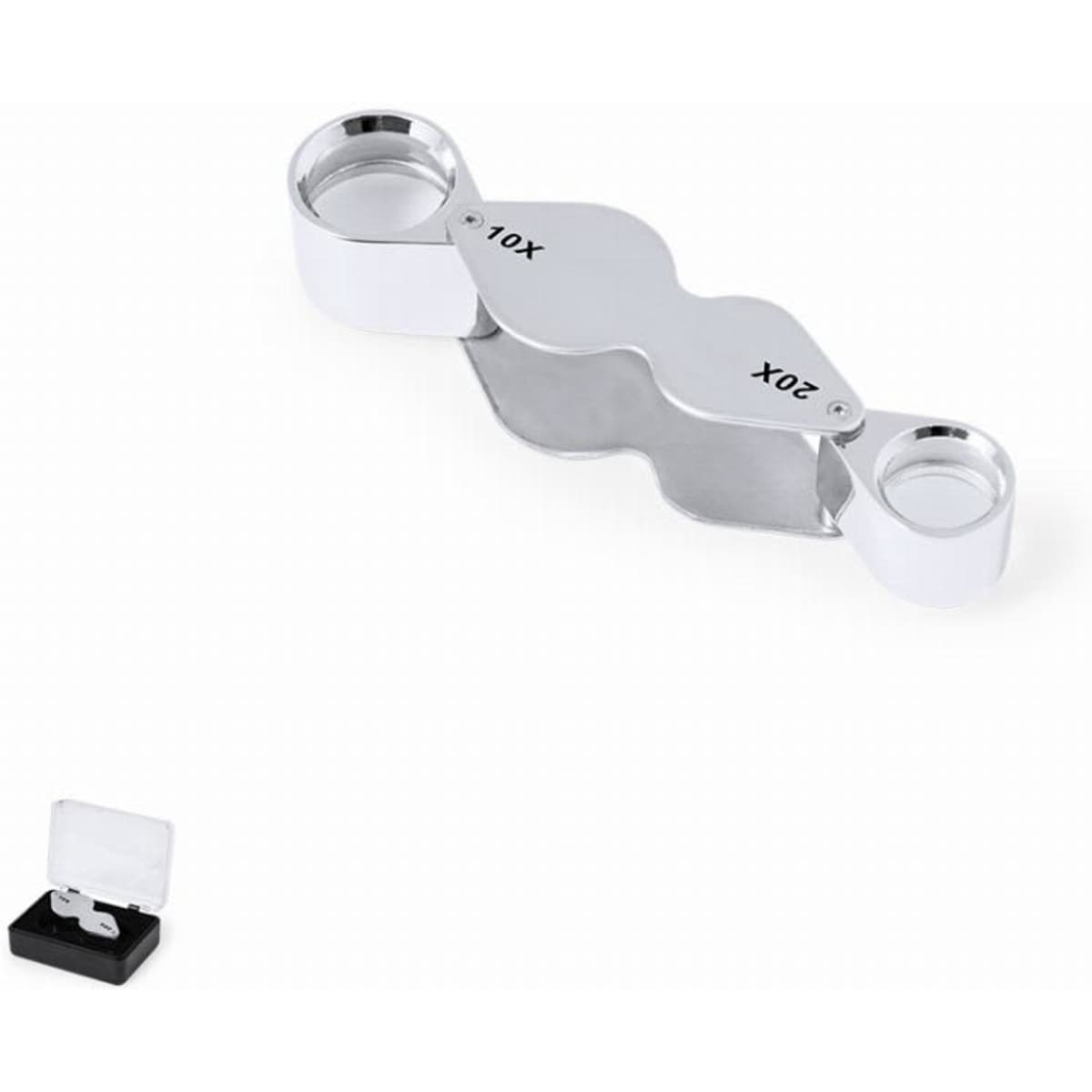 A silver magnifier with two lenses, 10X and 20X, placed beside a transparent storage case.
