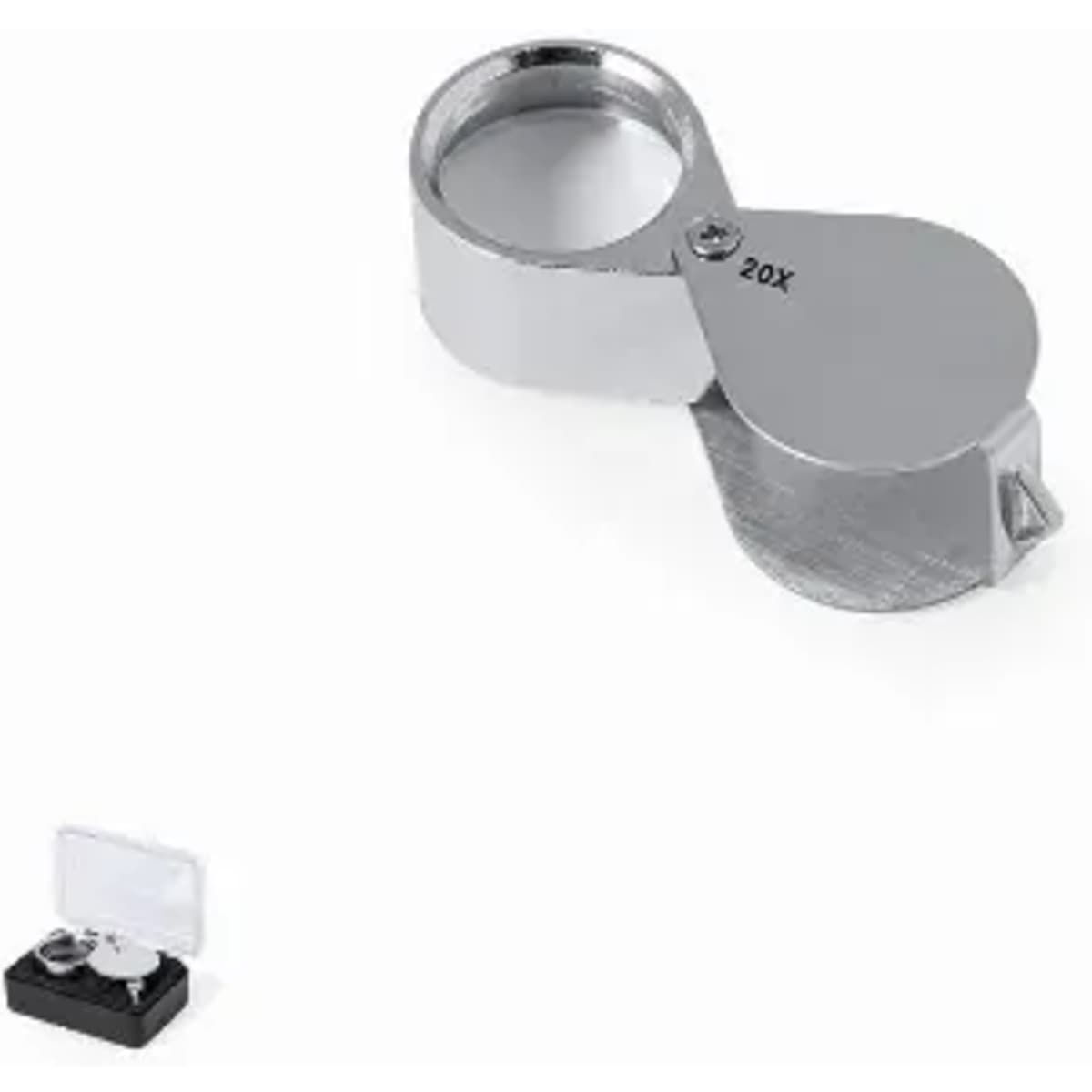 A silver magnifying glass with a 20X lens, positioned above a small black and clear case.
