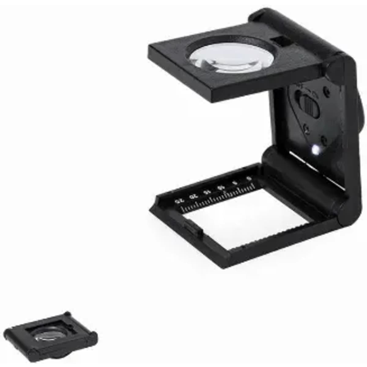 A magnifying glass with a foldable design, featuring an LED light and a ruler for measurement. The colour is primarily black.