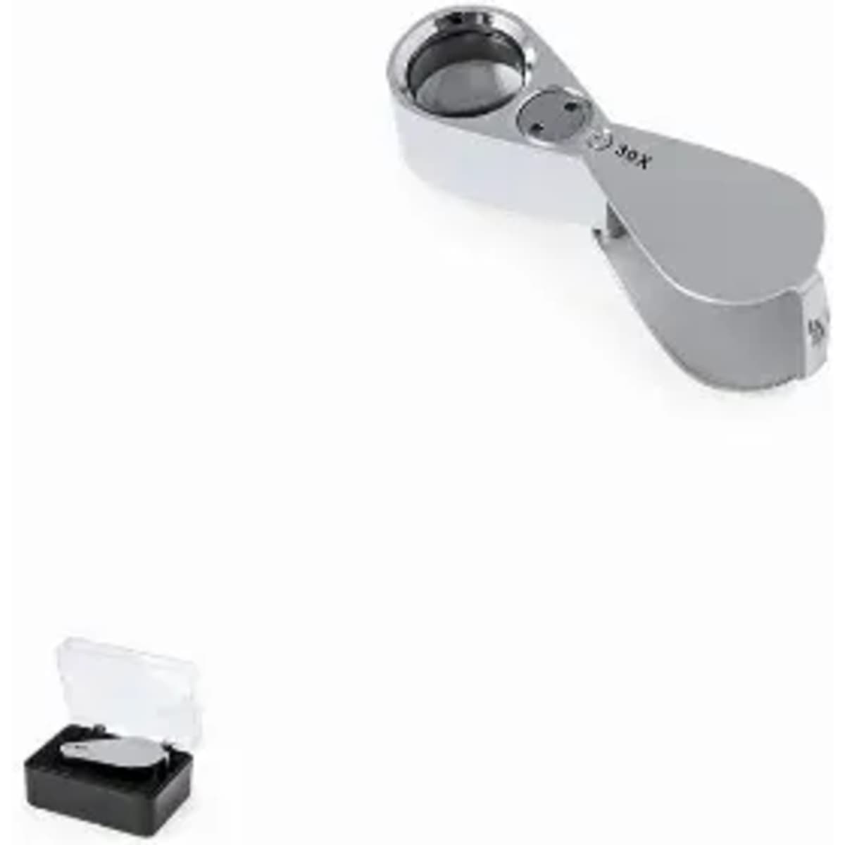 A magnifying lens with a chrome finish, displayed alongside a clear protective case.