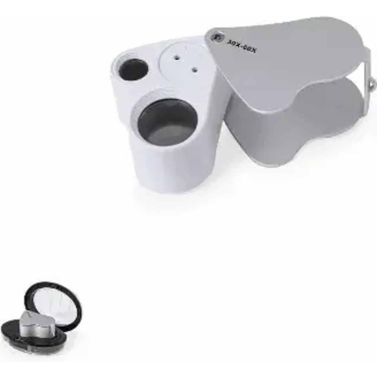 A silver magnifier with 30X and 60X lenses, featuring a compact design and a lid.