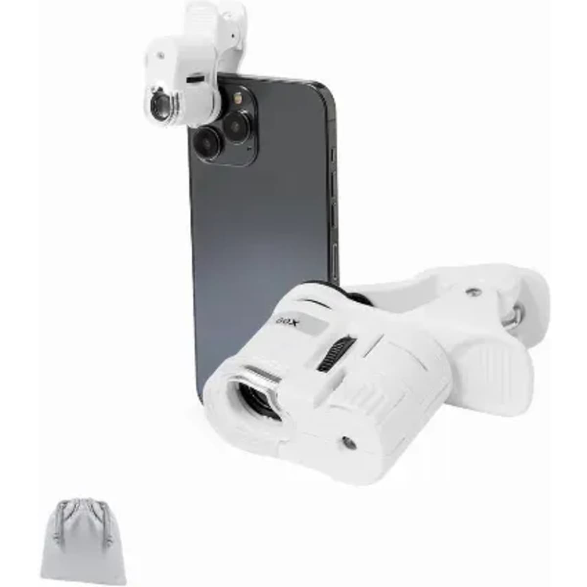 A phone attachment with a white clip-on lens, positioned next to a smartphone, accompanied by a grey storage pouch.
