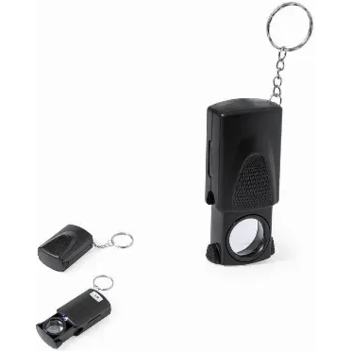A compact black magnifier with a keychain attachment, featuring a foldable design for easy storage.
