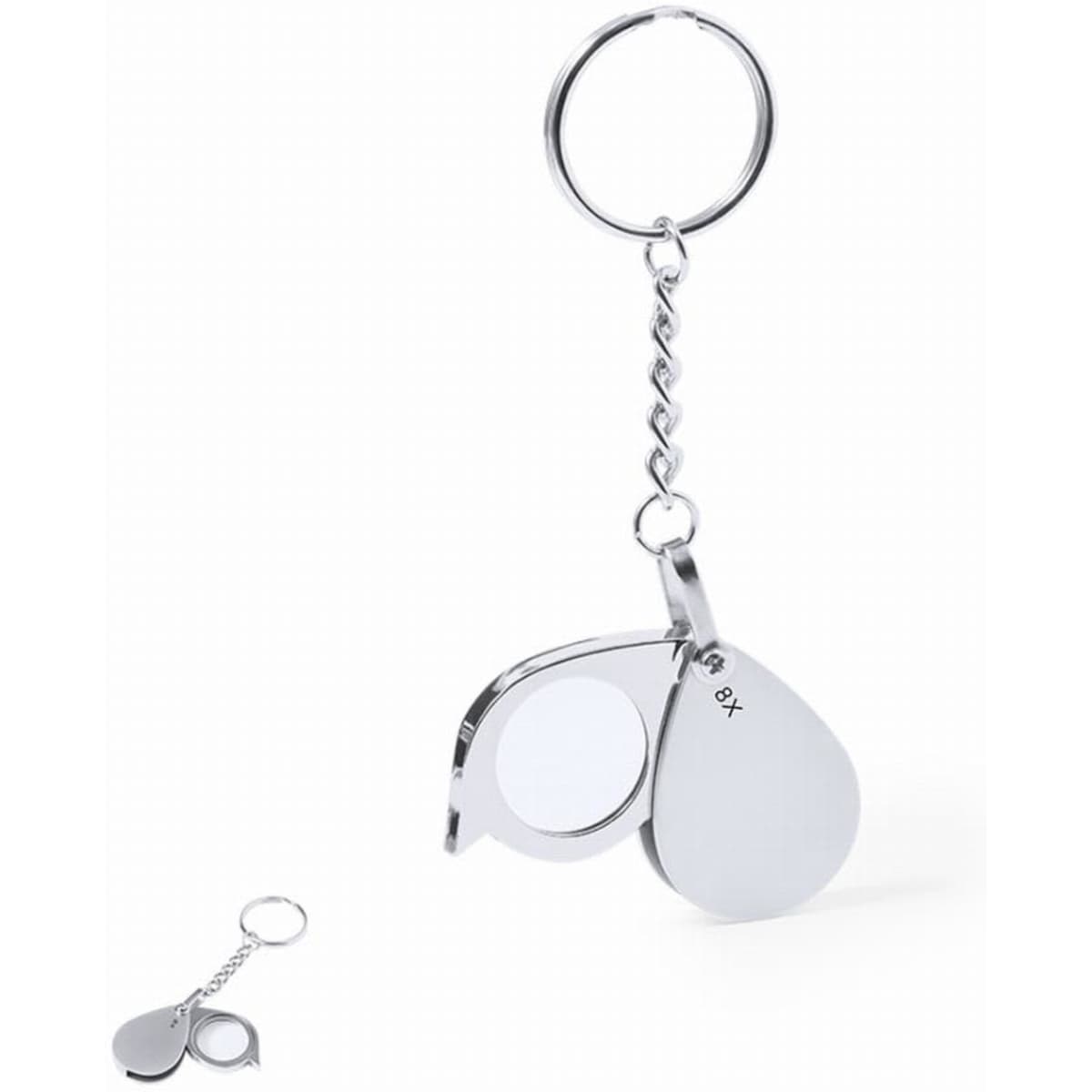 A keychain magnifier with a silver finish, featuring two lenses attached to a chain.