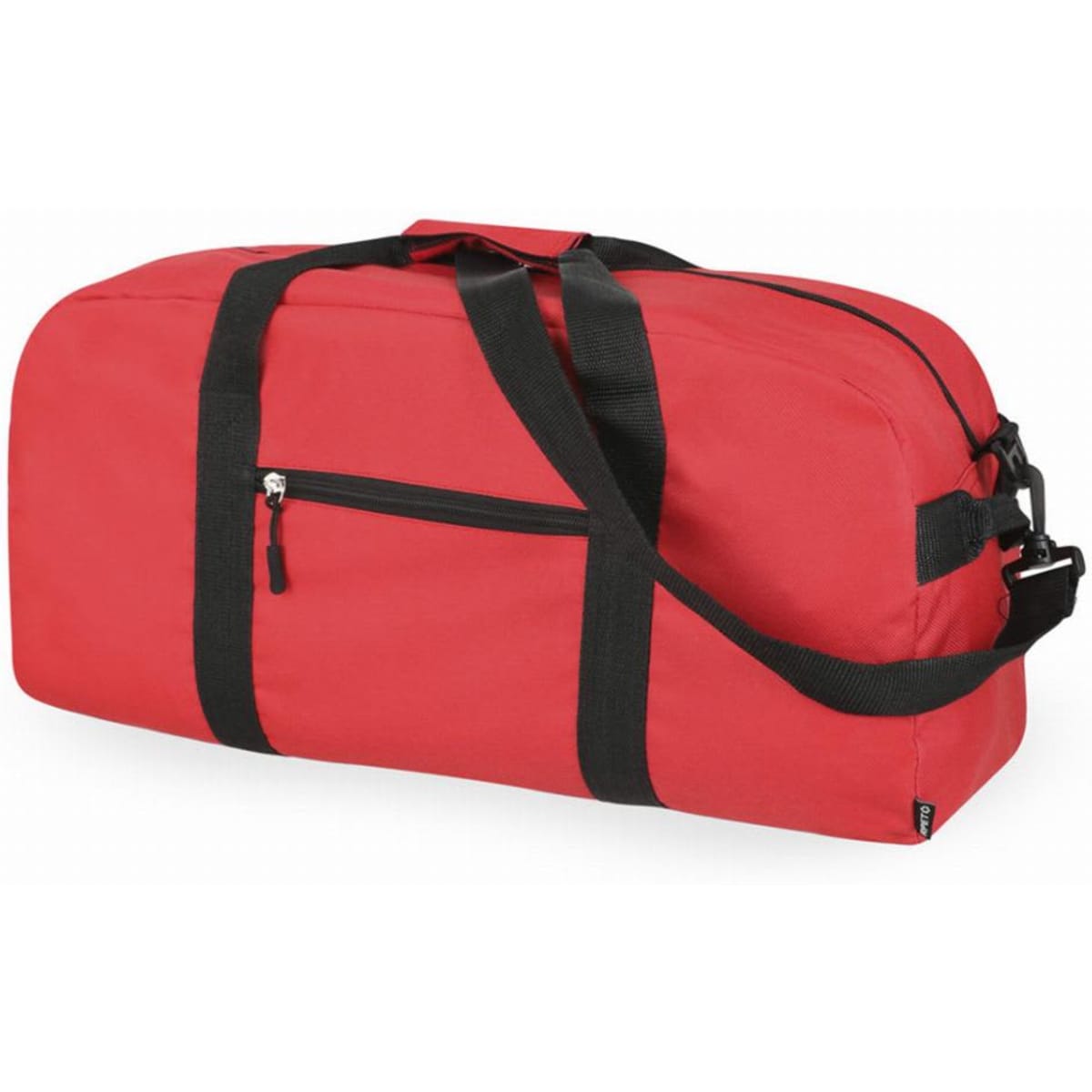 A red duffel bag with black straps and a zippered front pocket. It has a shoulder strap for easy carrying.