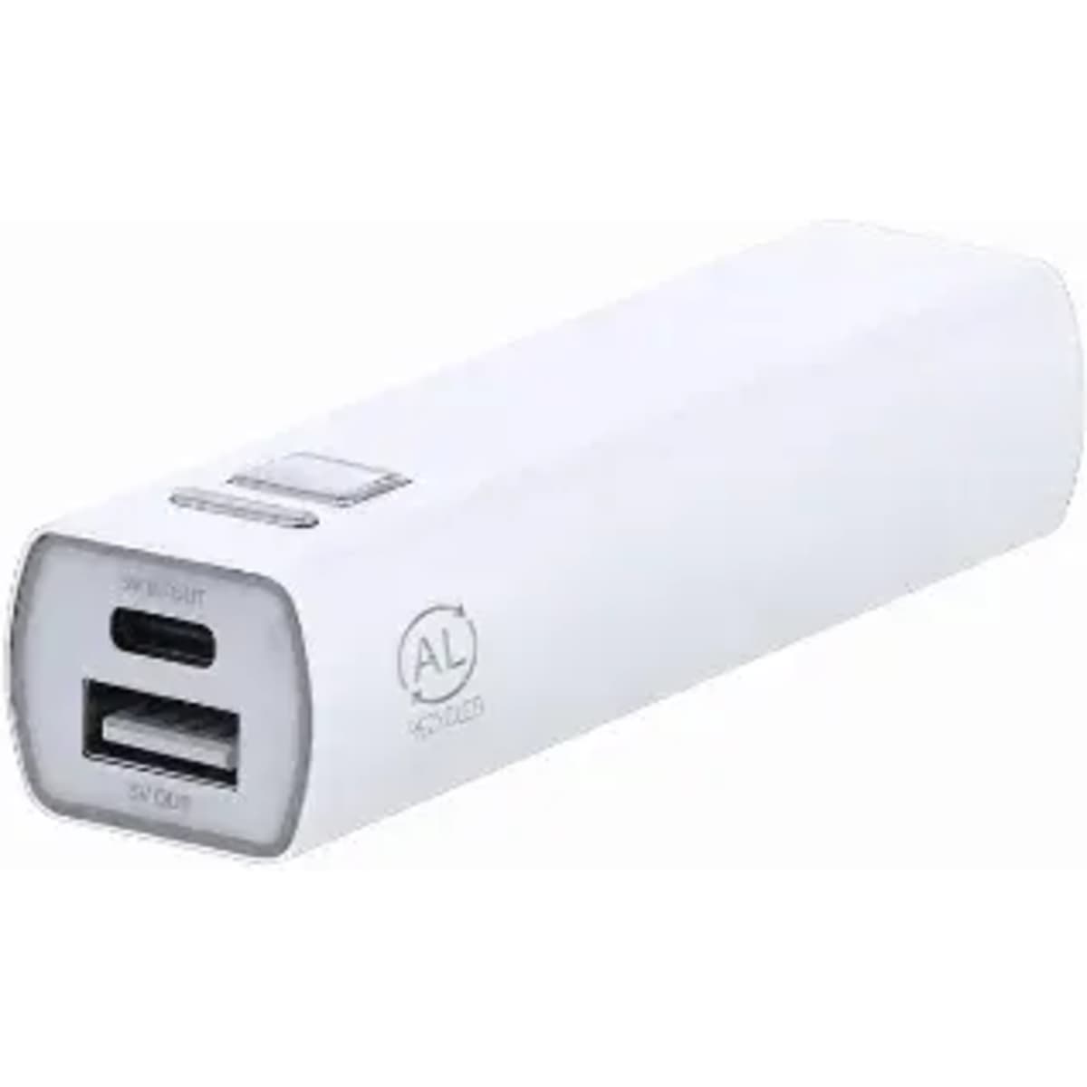 A portable power bank in white, featuring a USB-A and USB-C port, with a sleek, cylindrical design.