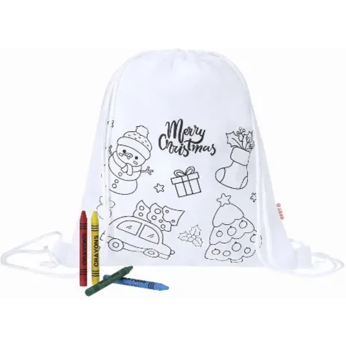 A drawstring bag featuring Christmas-themed outlines to colour, accompanied by red, green, and yellow crayons.