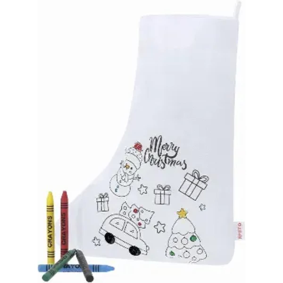 A Christmas stocking in white with festive illustrations, accompanied by three crayons in red, green, and yellow.