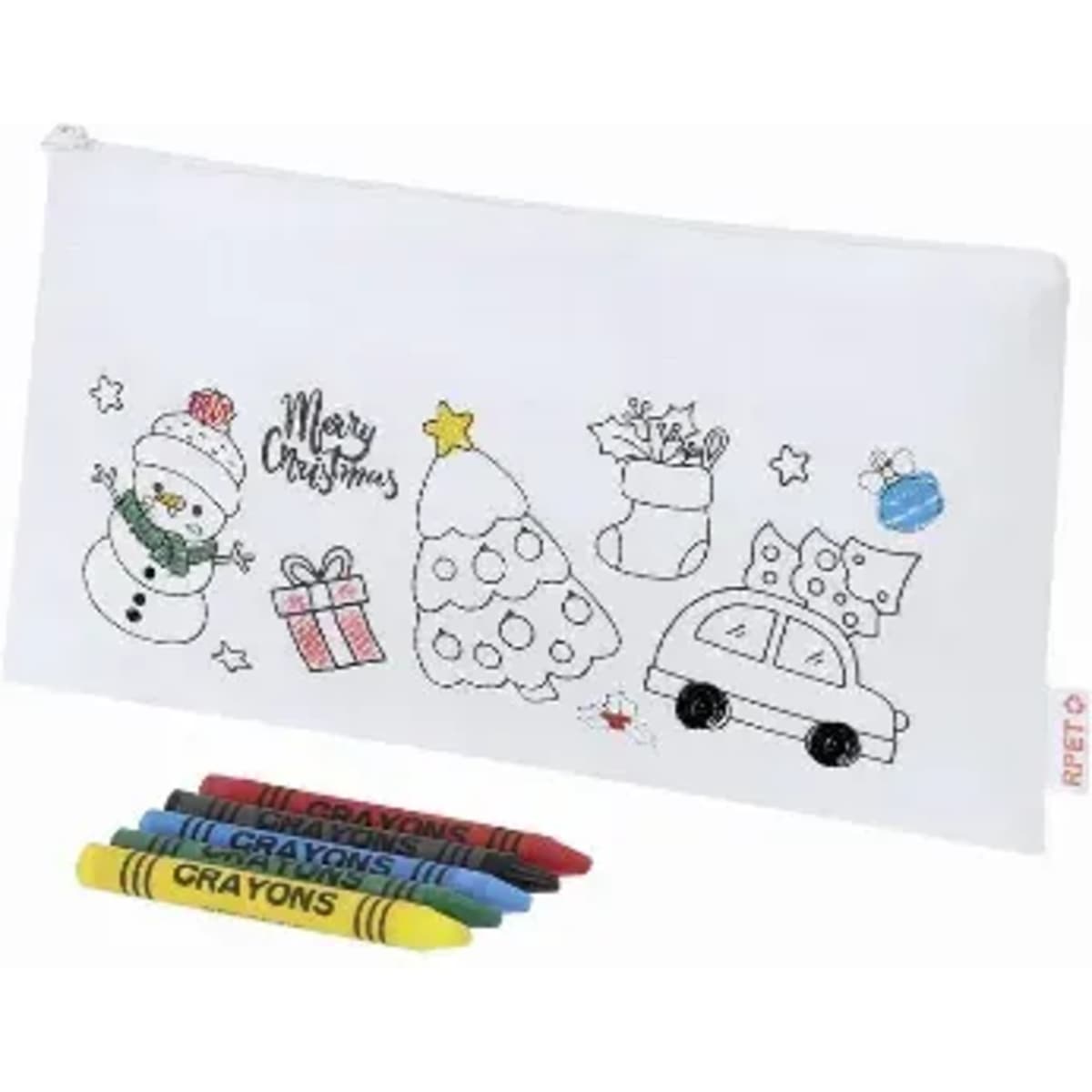 A white pencil case featuring Christmas-themed illustrations and five coloured crayons in red, yellow, green and blue.