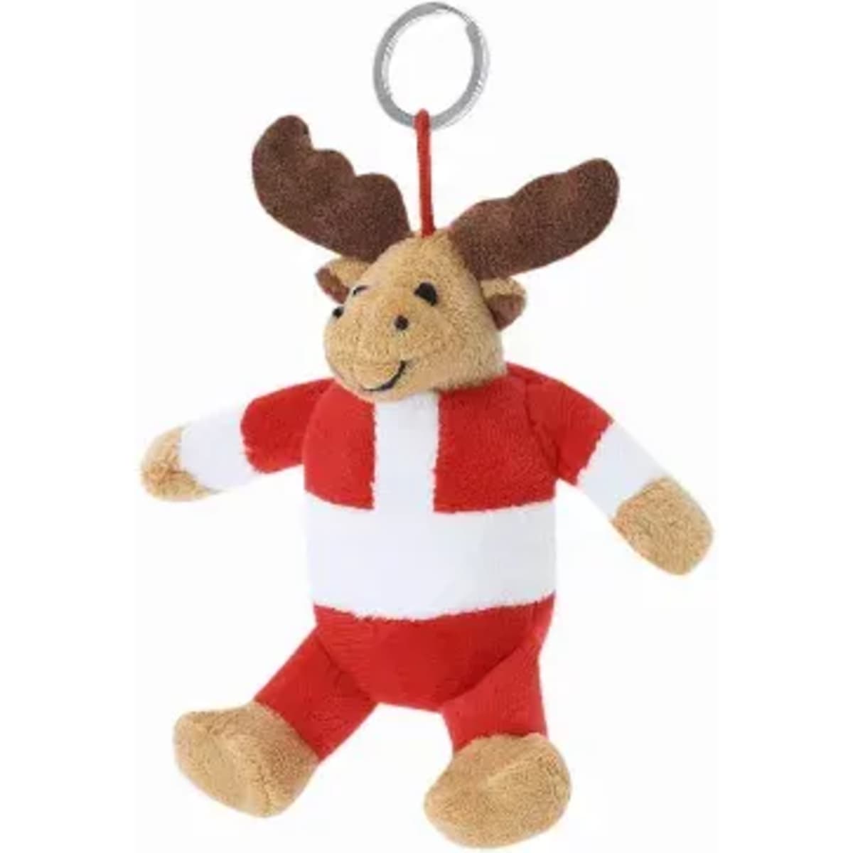 A plush keychain of a moose, dressed in red and white, with a smiling face and antlers.