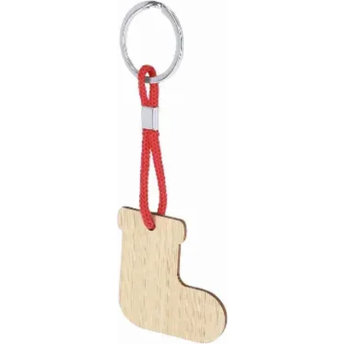 A wooden stocking-shaped keychain with a red string and metal keyring.