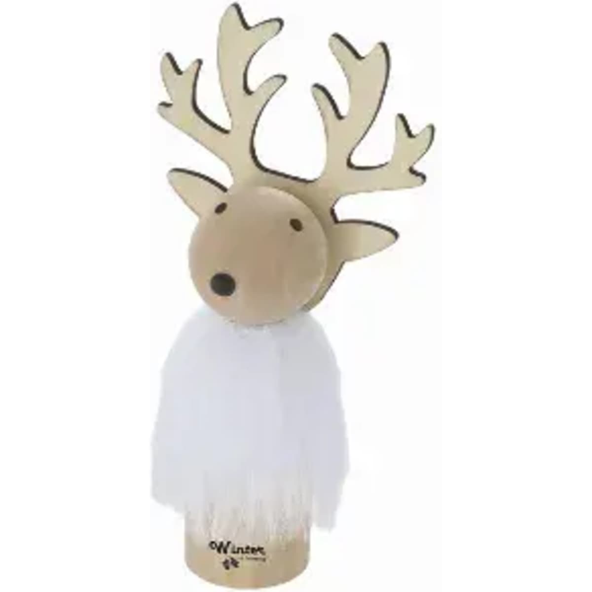 A decorative reindeer figure with wooden antlers and a fluffy white body. The base features a small logo.
