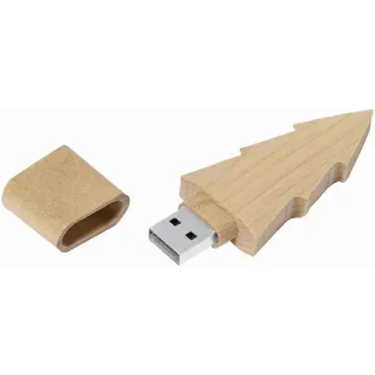 A USB flash drive shaped like a tree, featuring a wooden design and a removable cap.