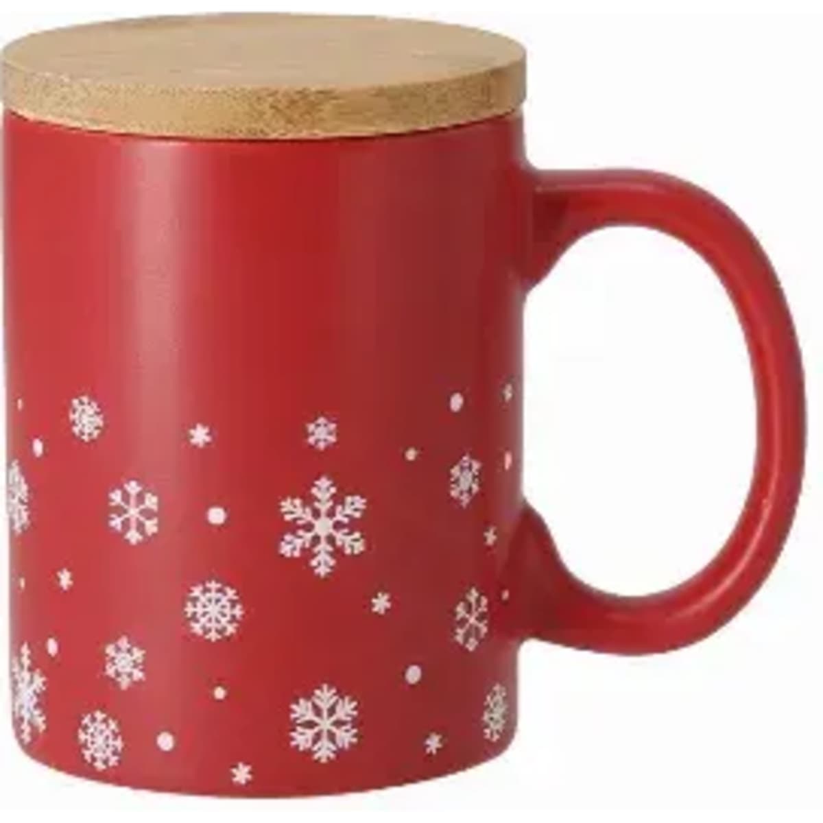 A red mug with a wooden lid, featuring white snowflake designs scattered across its surface.