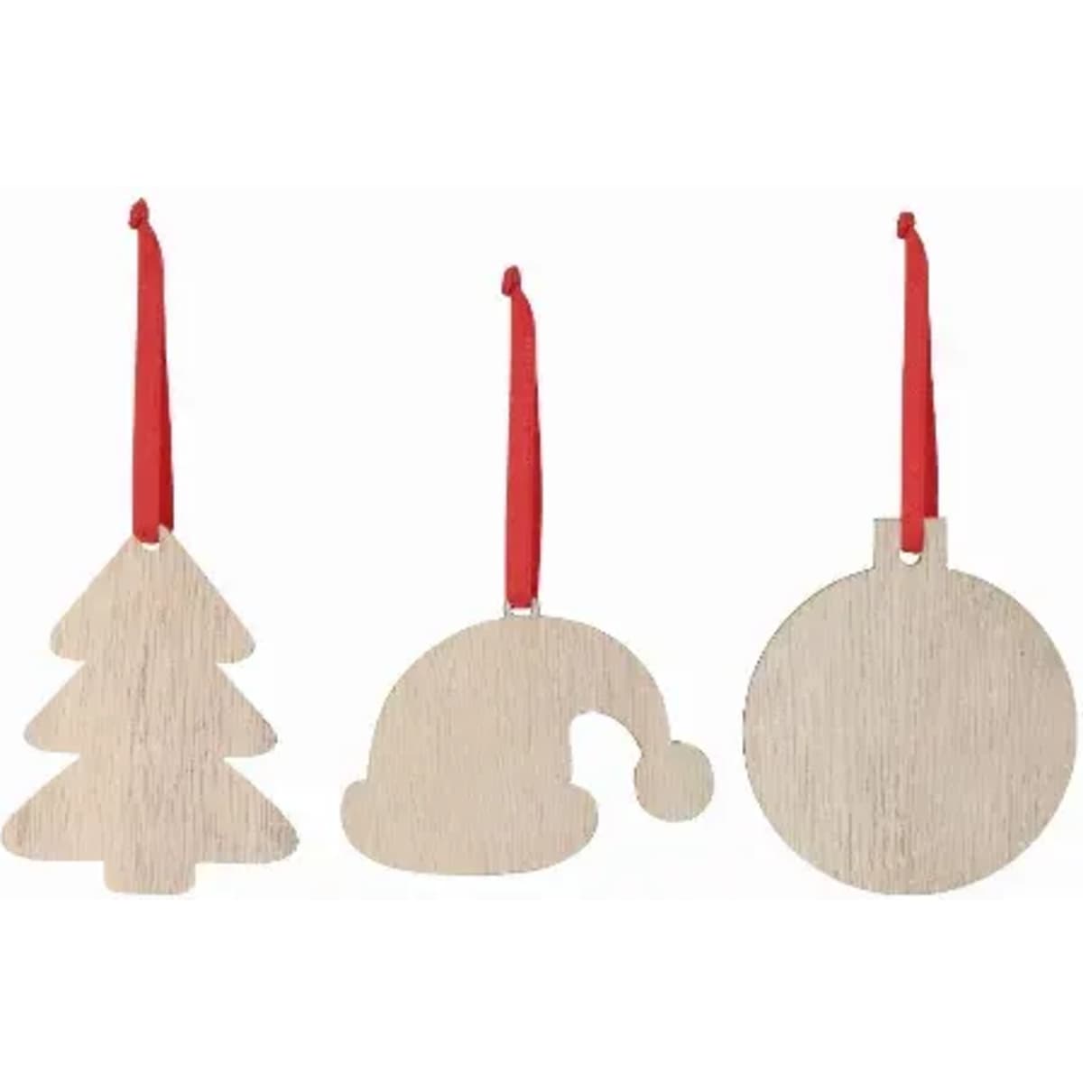Three wooden Christmas ornaments in the shapes of a tree, a hat, and a circle, each with a red hanging ribbon.
