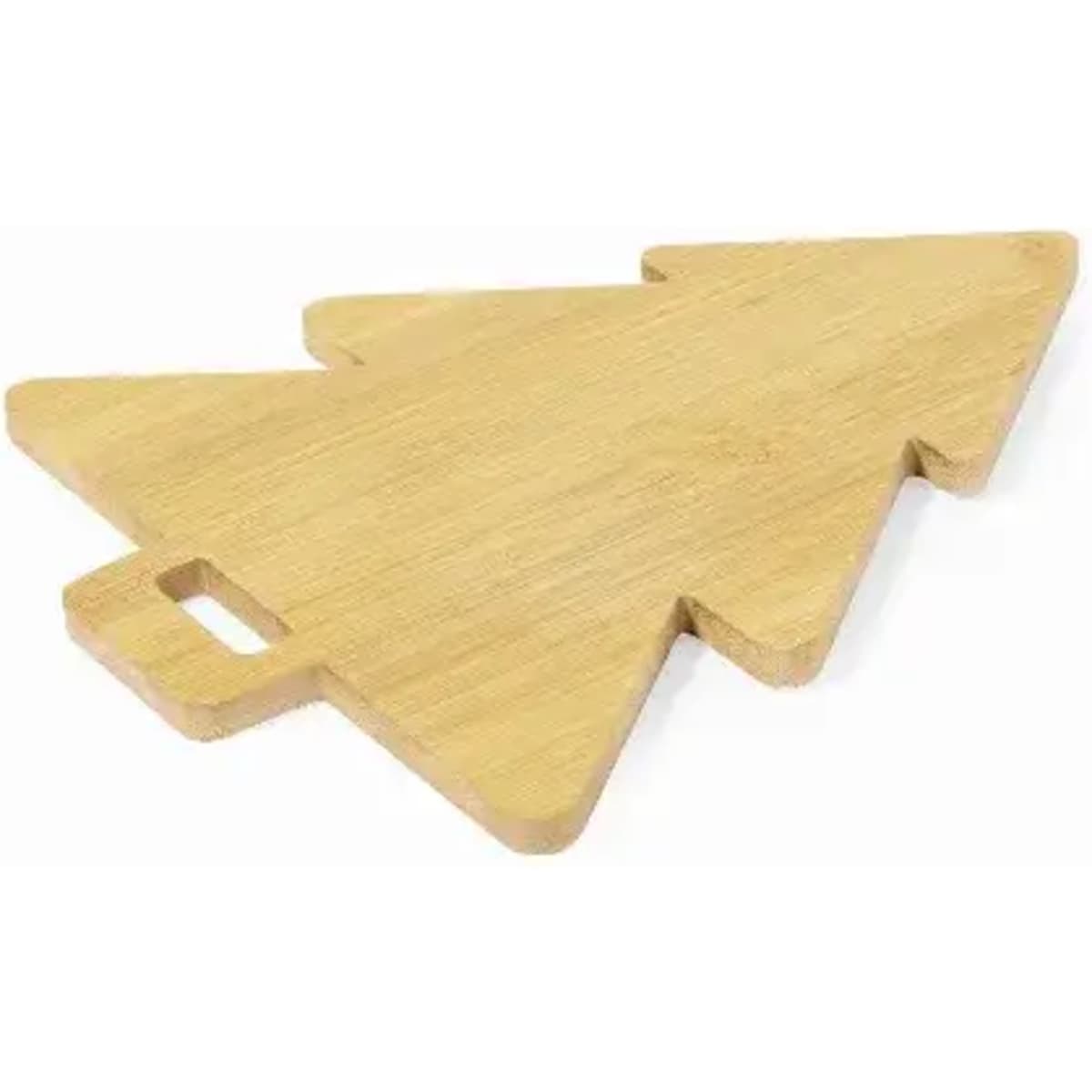 A wooden chopping board shaped like a Christmas tree, featuring a handle for easy use.